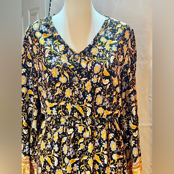 V Neck Boho Floral Print Fall Maxi Dress Yellow XL - Picture 3 of 9